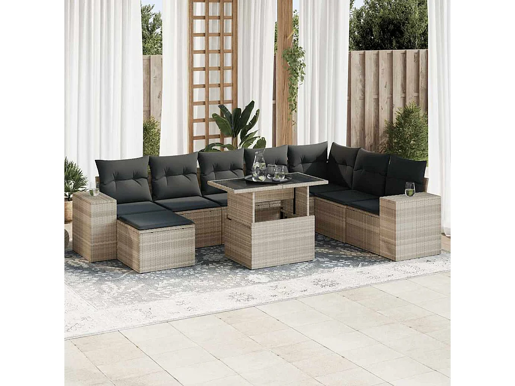 9 peças conj. sofás jardim com almofadões vime PE cinzento-claro