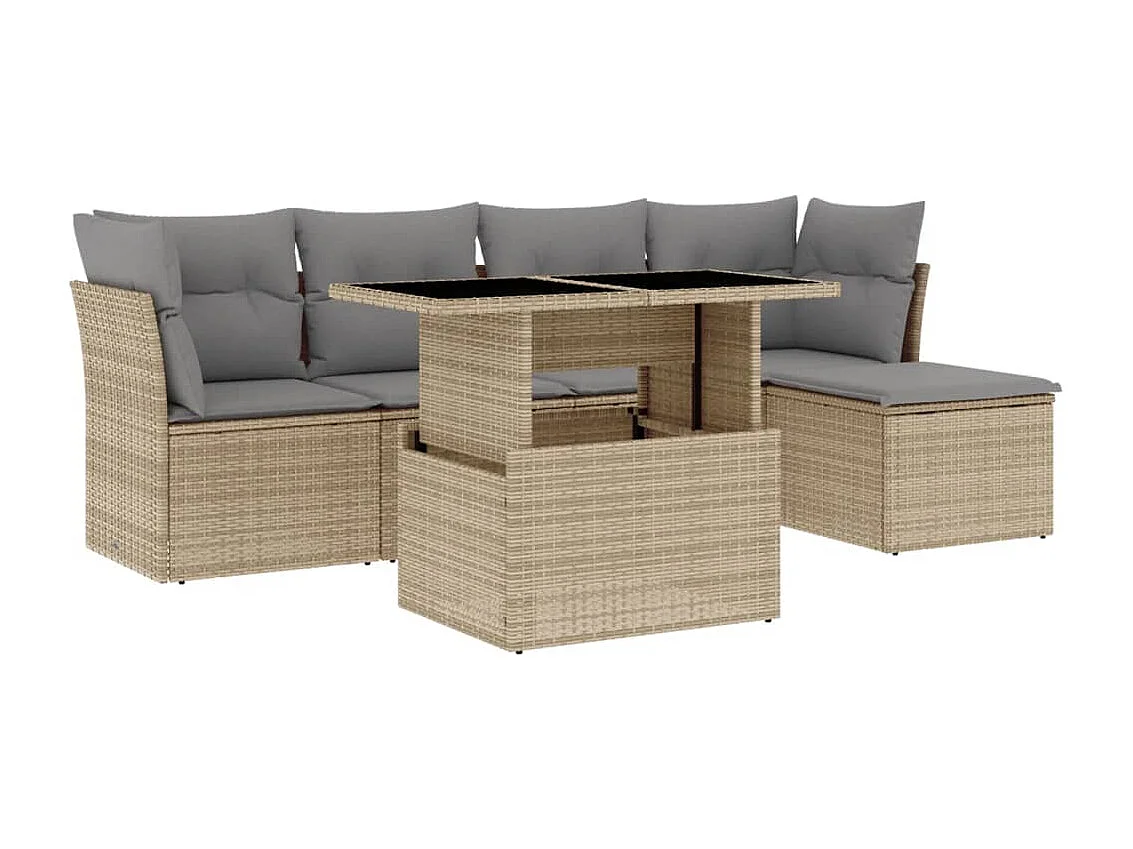 6-delige Loungeset met kussens poly rattan beige