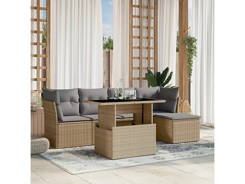 Salon de jardin avec coussins 6 pièces beige résine tressée