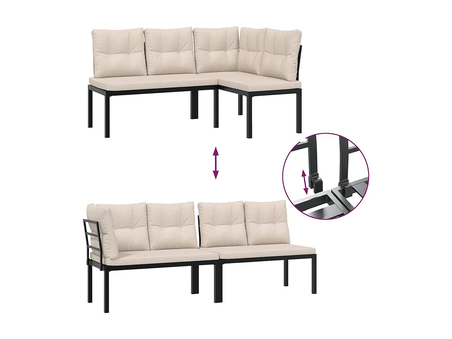 Salon de jardin avec coussins 5 pièces noir acier enduit de poudre