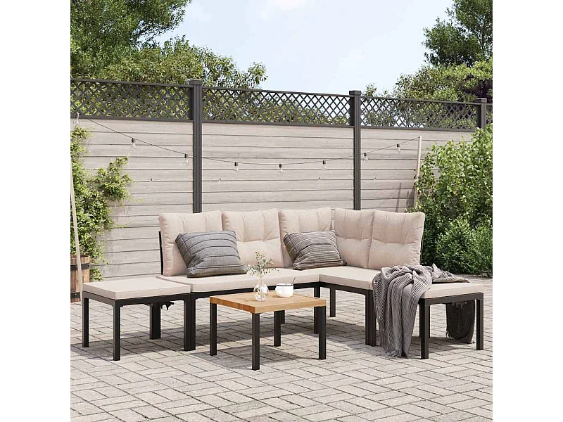 Salon de jardin avec coussins 5 pièces noir acier enduit de poudre