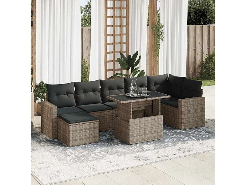 8-delige Loungeset met kussens poly rattan grijs