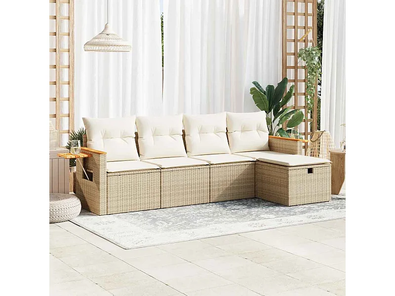 5-delige Loungeset met kussens poly rattan beige