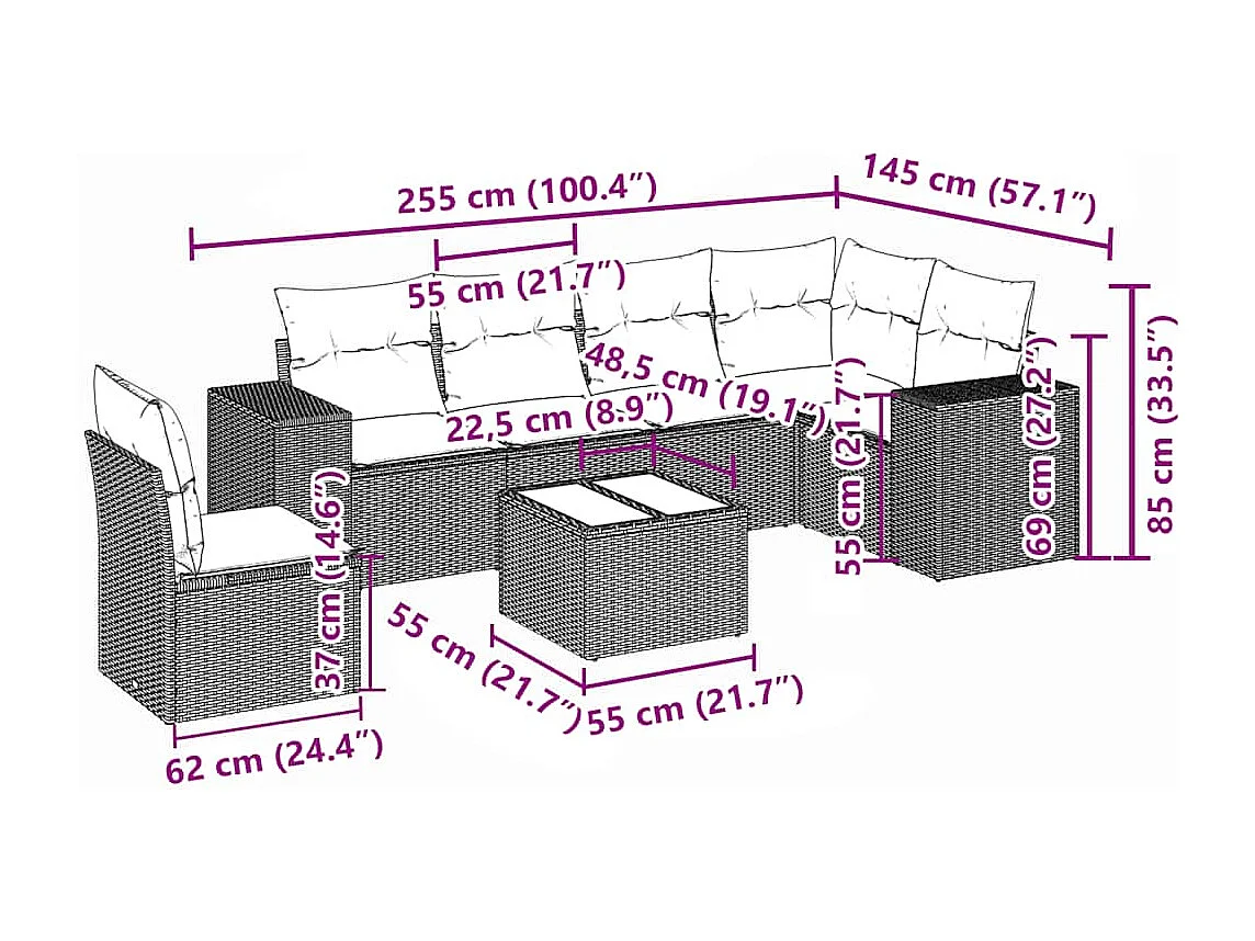Salon de jardin avec coussins 7 pièces gris clair résine tressée