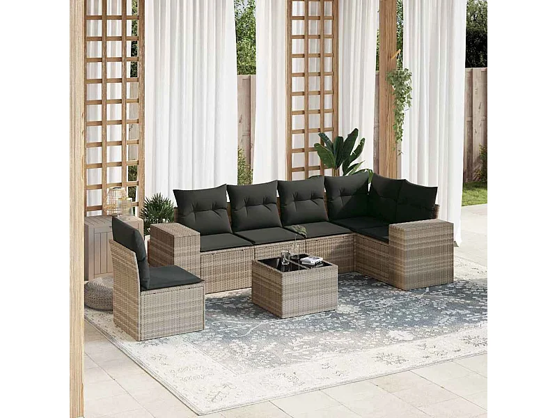 Set de sofás de jardín 7 piezas con cojines ratán PE gris claro