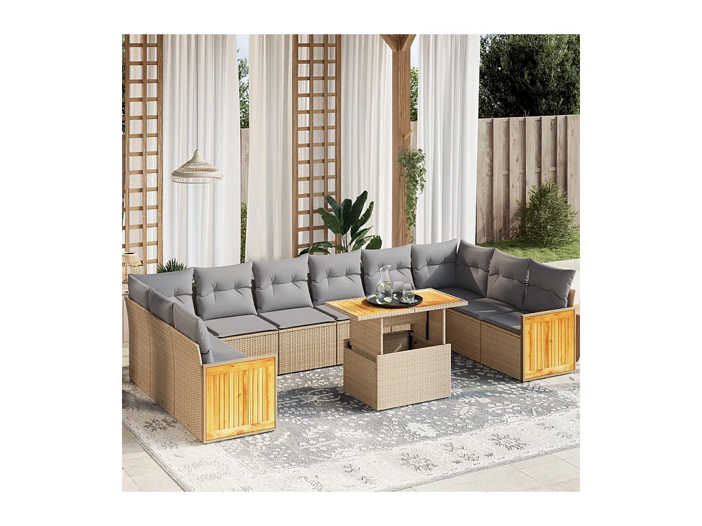 Salon de jardin 11 pièces avec coussins beige résine tressée