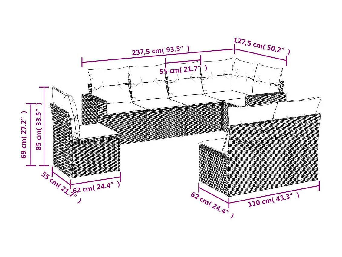 8-delige Loungeset met kussens poly rattan lichtgrijs