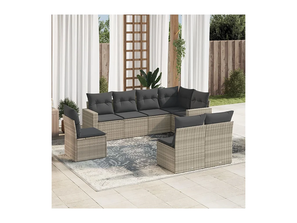 Salon de jardin 8 pièces avec coussins gris clair résine tressée