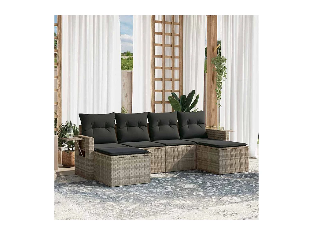 Salon de jardin 6 pièces avec coussins gris clair résine tressée