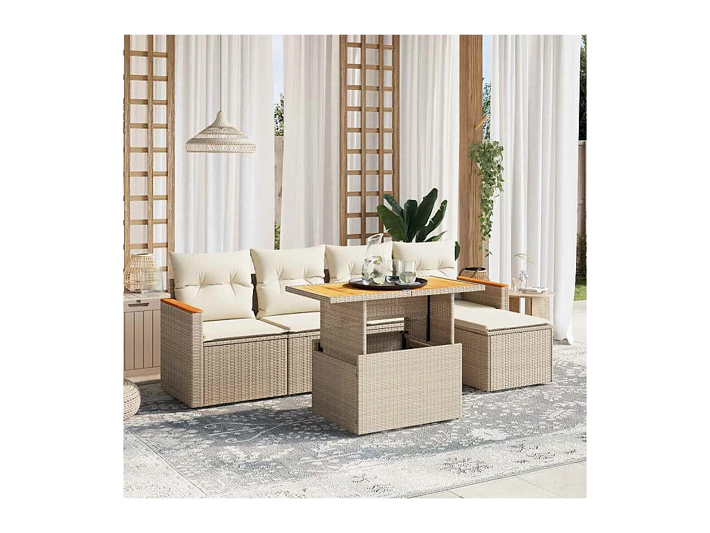 6-delige Loungeset met kussens poly rattan beige