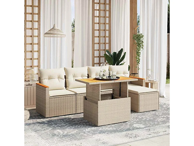 Salon de jardin avec coussins 6 pièces beige résine tressée