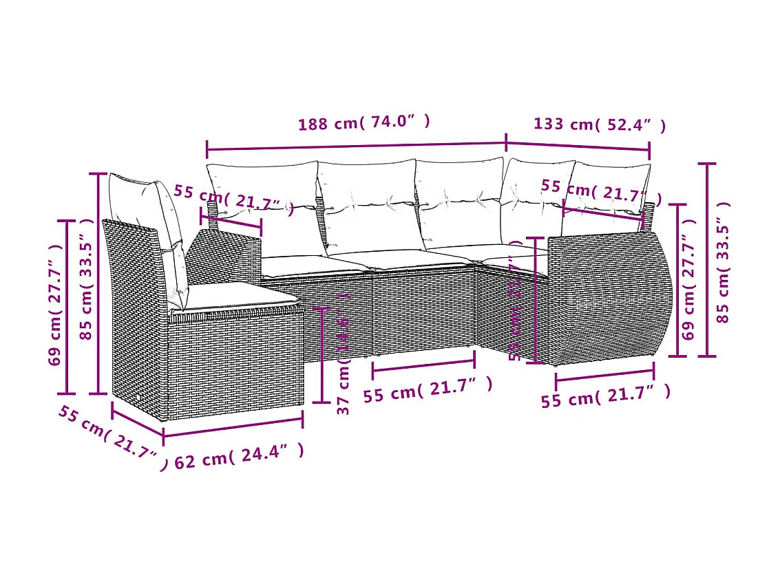 Salon de jardin avec coussins 5 pièces marron résine tressée