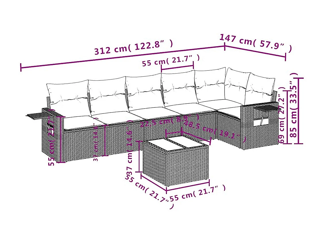 Salon de jardin avec coussins 7 pièces gris clair résine tressée