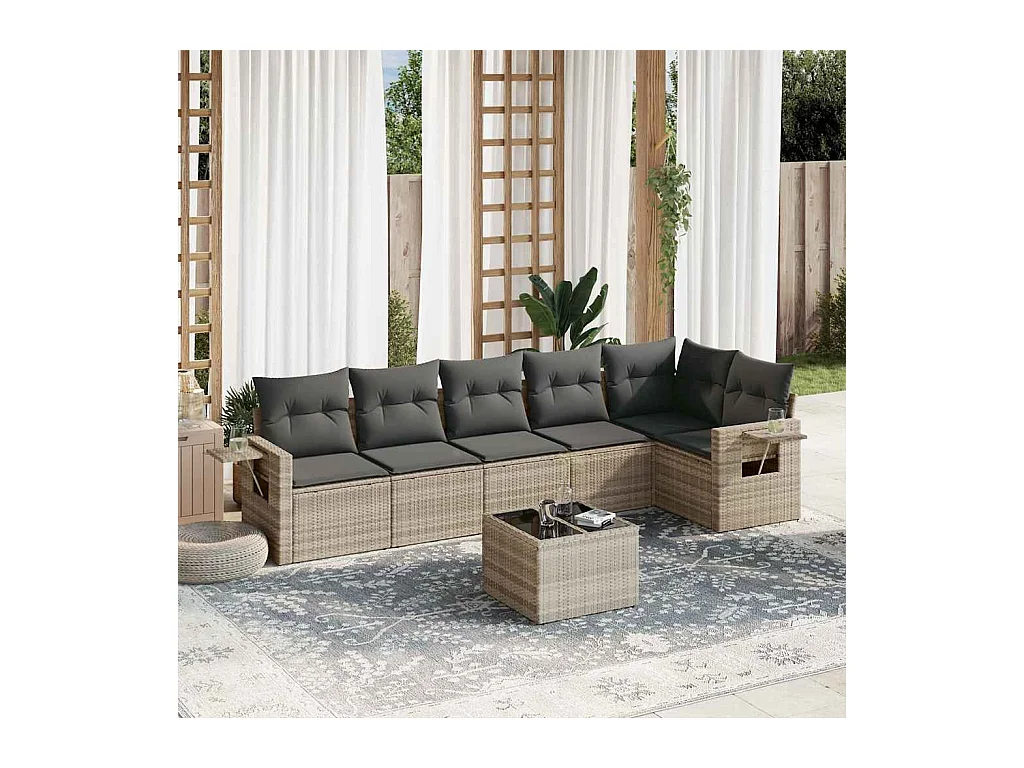 7-delige Loungeset met kussens poly rattan lichtgrijs