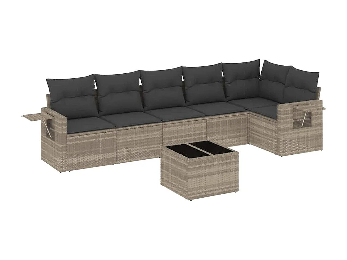 Set de sofás de jardín 7 piezas con cojines ratán PE gris claro