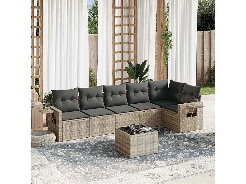 Salon de jardin avec coussins 7 pièces gris clair résine tressée