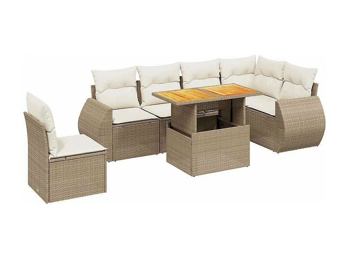 7-delige Loungeset met kussens poly rattan beige
