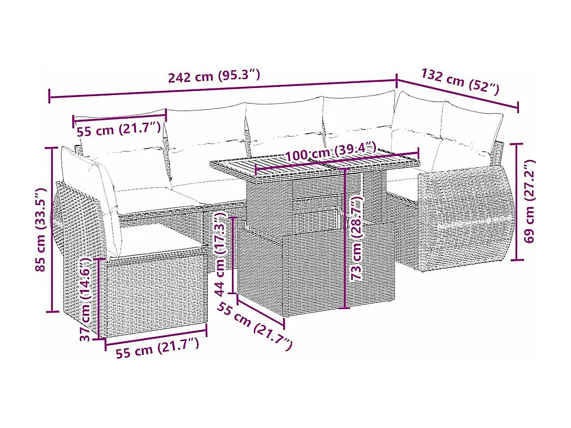 7-delige Loungeset met kussens poly rattan beige