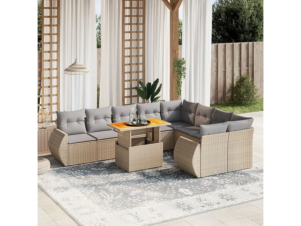Salon de jardin avec coussins 10 pièces beige résine tressée