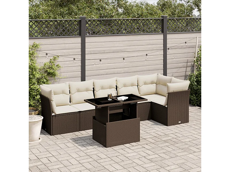 7-delige Loungeset met kussens poly rattan bruin