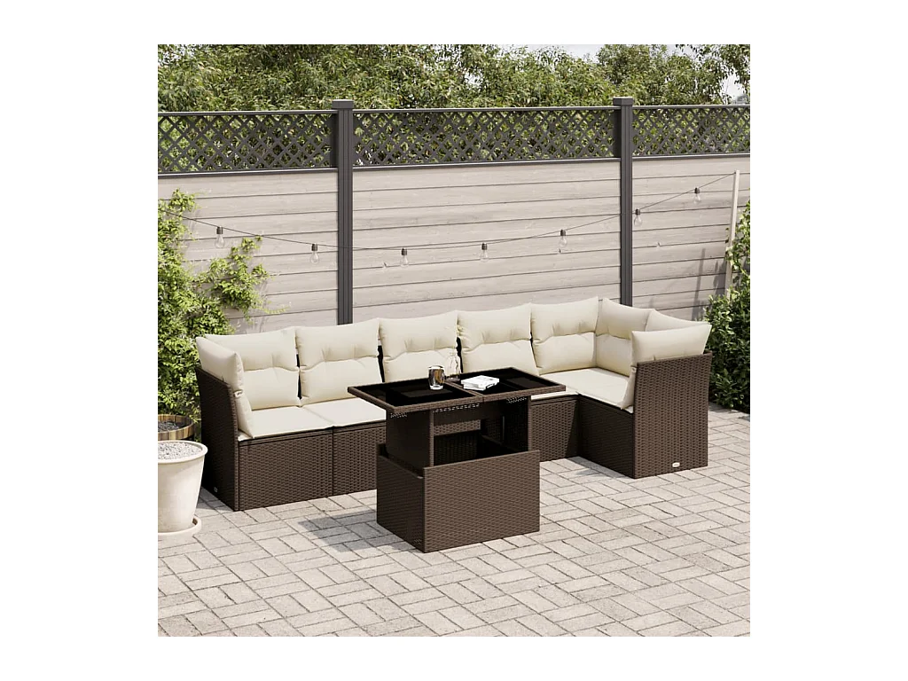 Salon de jardin avec coussins 7 pièces marron résine tressée