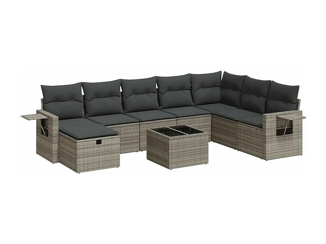Set de sofás de jardín con cojines 9 piezas ratán sintético gris