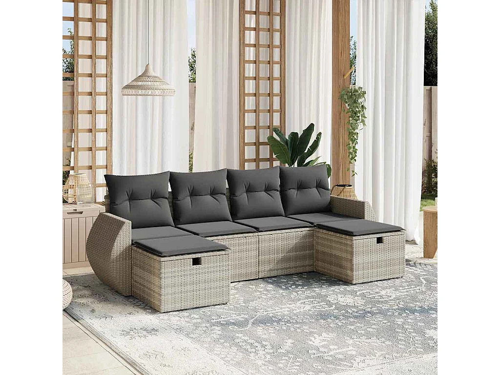 Salon de jardin 6 pièces avec coussins gris clair résine tressée