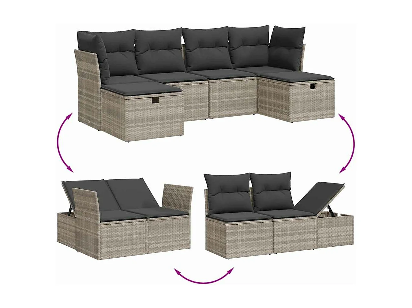 Salon de jardin 6 pièces avec coussins gris clair résine tressée