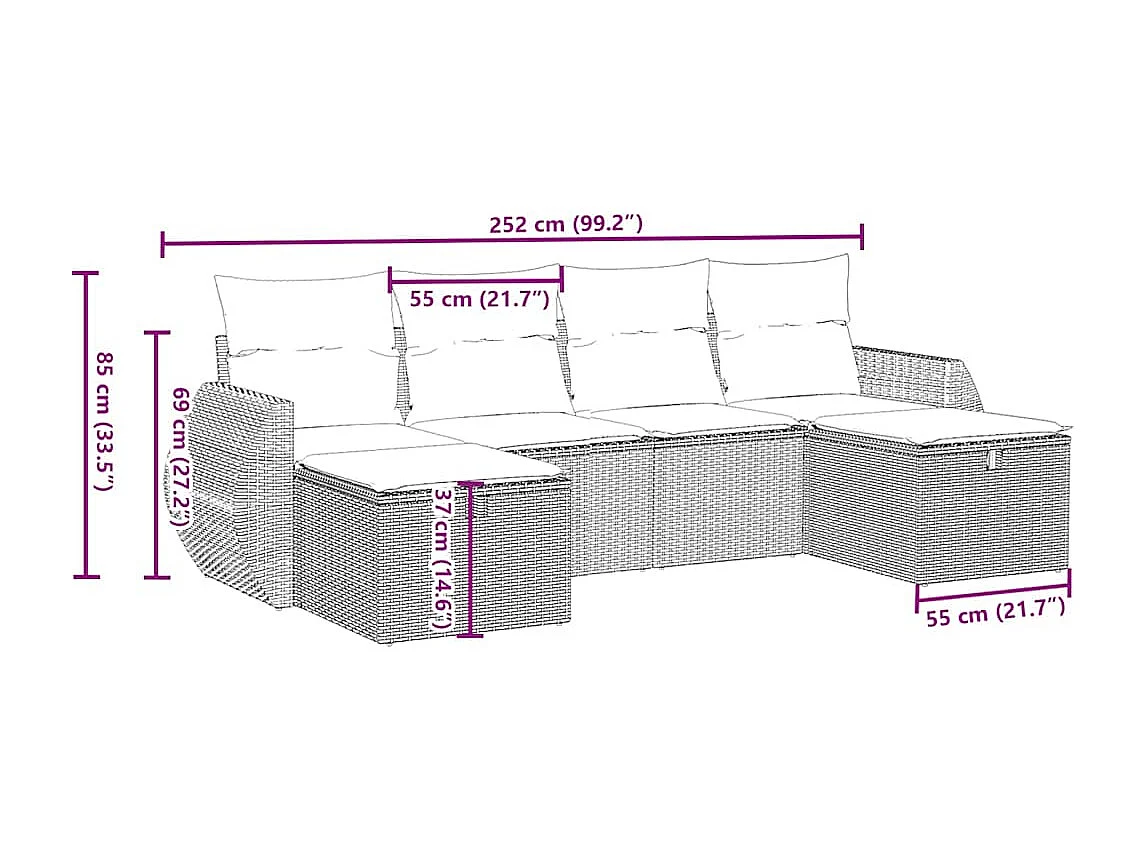 Salon de jardin 6 pièces avec coussins gris clair résine tressée