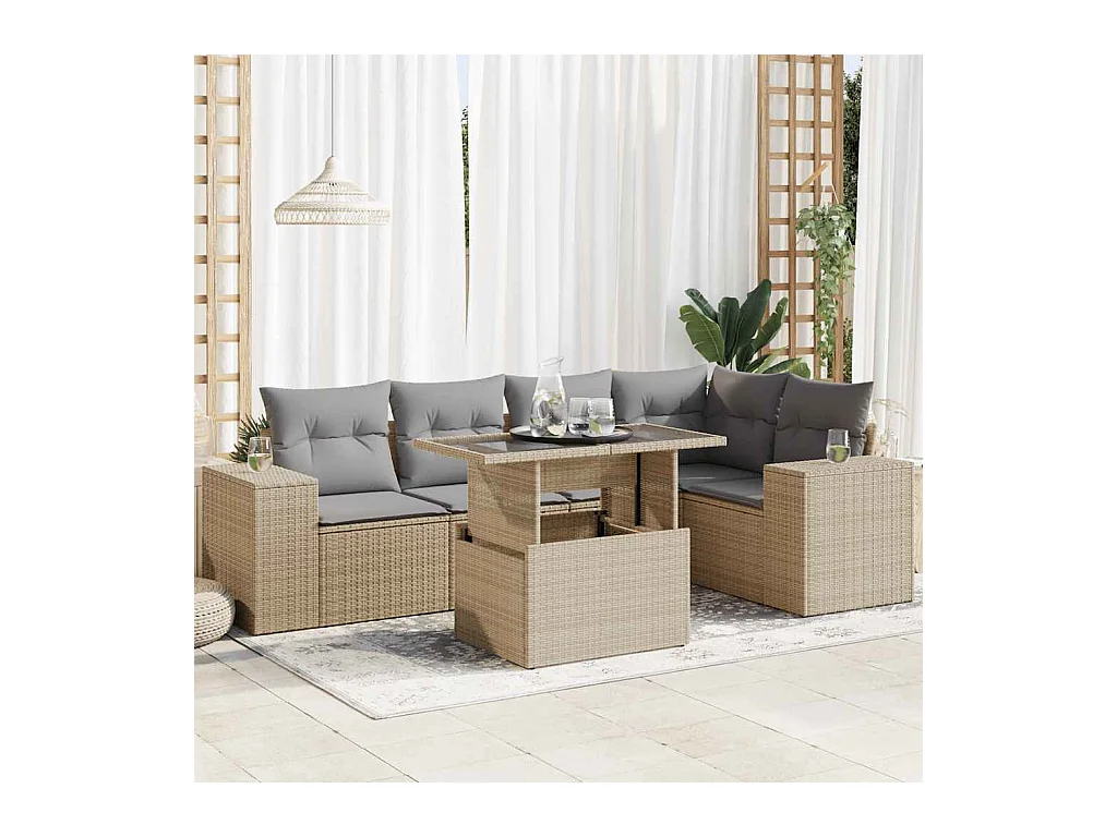 Salon de jardin avec coussins 6 pièces beige résine tressée