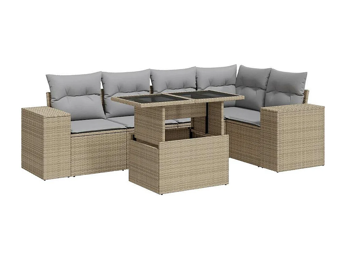 6 peças conjunto de sofás para jardim com almofadões vime PE bege