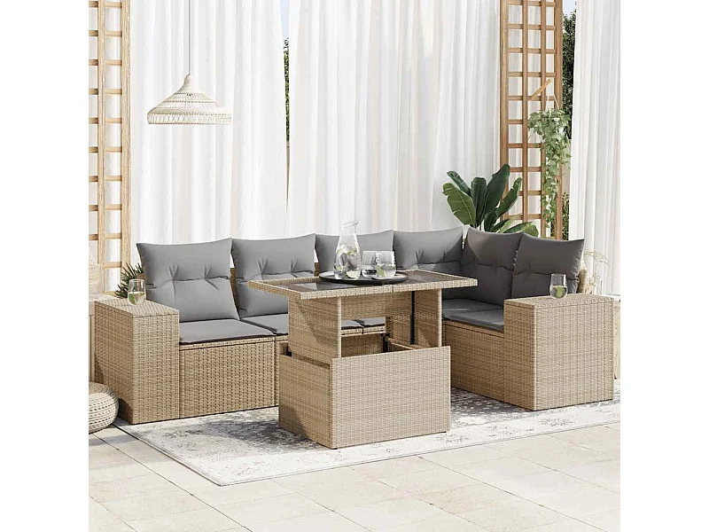 6 peças conjunto de sofás para jardim com almofadões vime PE bege