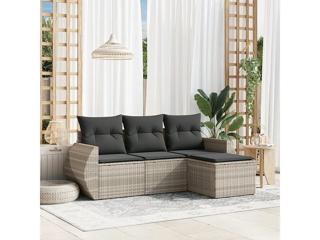 Salon de jardin 4 pièces avec coussins gris clair résine tressée