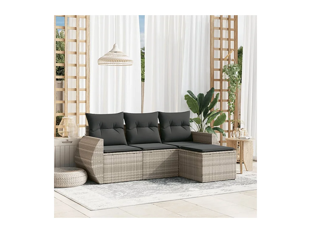 Salon de jardin 4 pièces avec coussins gris clair résine tressée