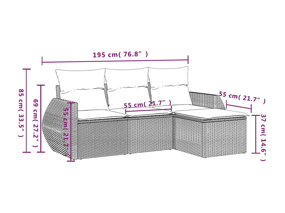 Salon de jardin 4 pièces avec coussins gris clair résine tressée