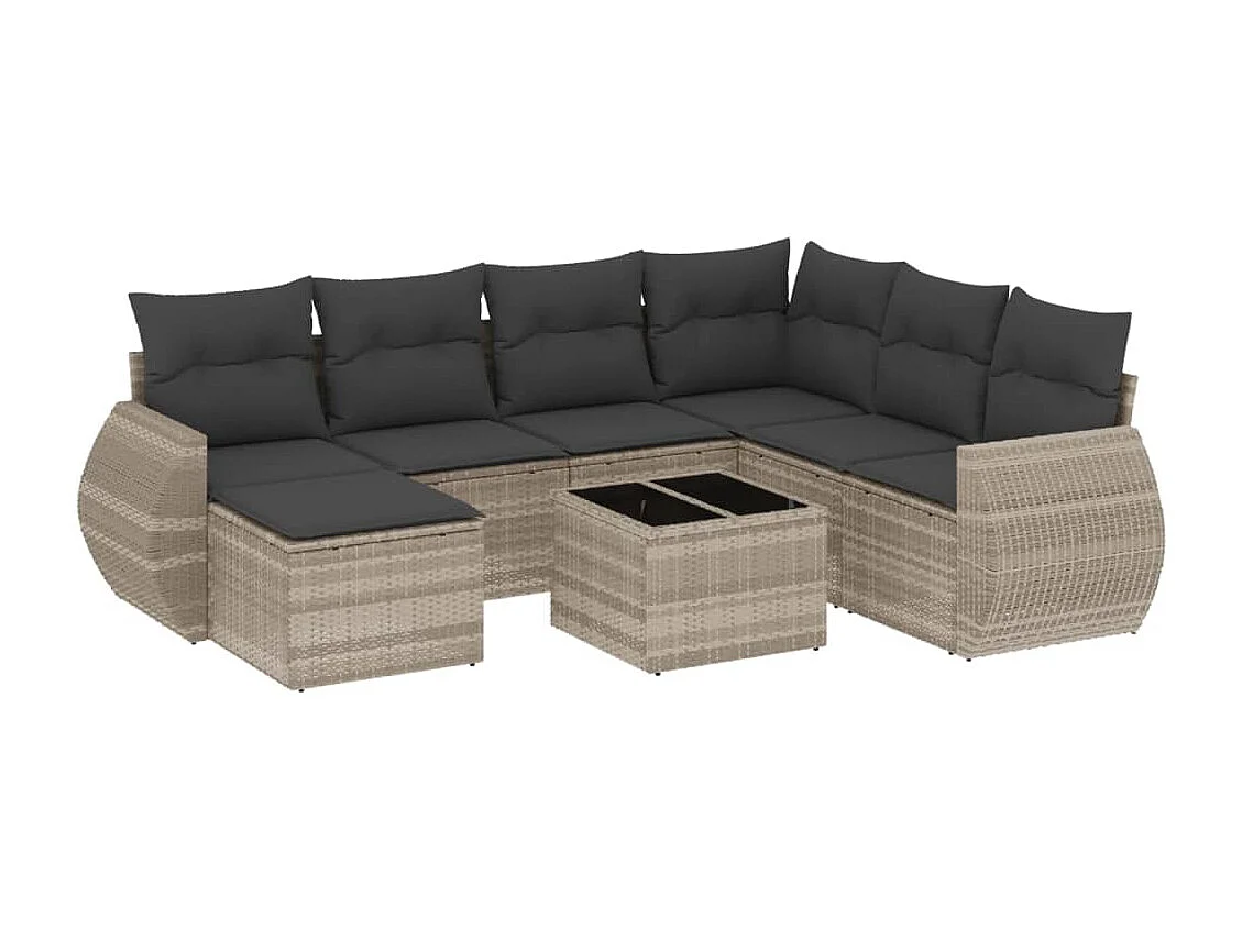 8-delige Loungeset met kussens poly rattan lichtgrijs