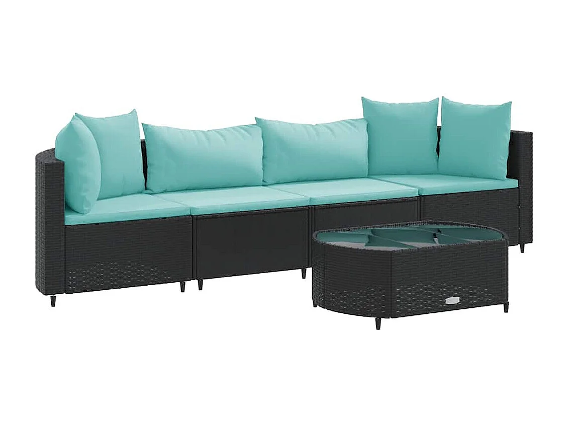 5-delige Loungeset met kussens poly rattan zwart