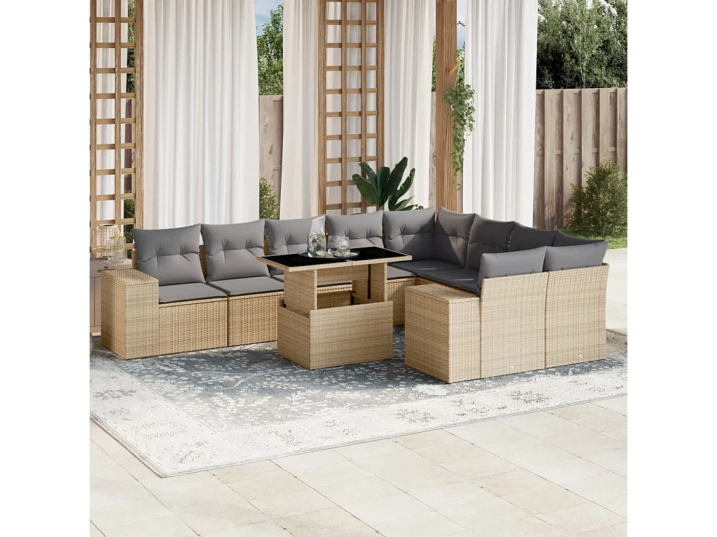 Salon de jardin avec coussins 10 pièces beige résine tressée
