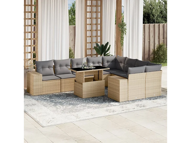 Salon de jardin avec coussins 10 pièces beige résine tressée