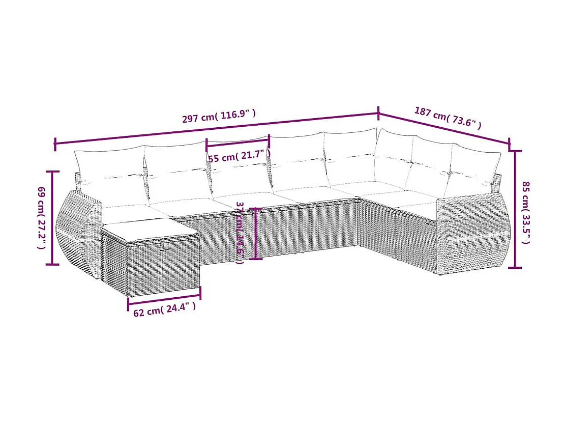 Salon de jardin 8 pièces avec coussins marron résine tressée