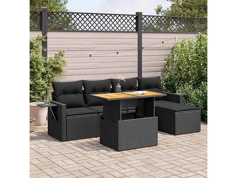 6-delige Loungeset met kussens poly rattan zwart
