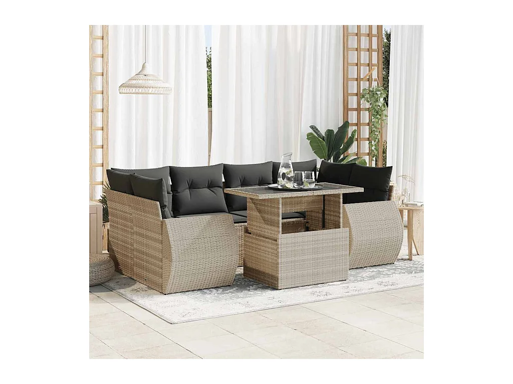 Salon de jardin avec coussins 7 pièces gris clair résine tressée