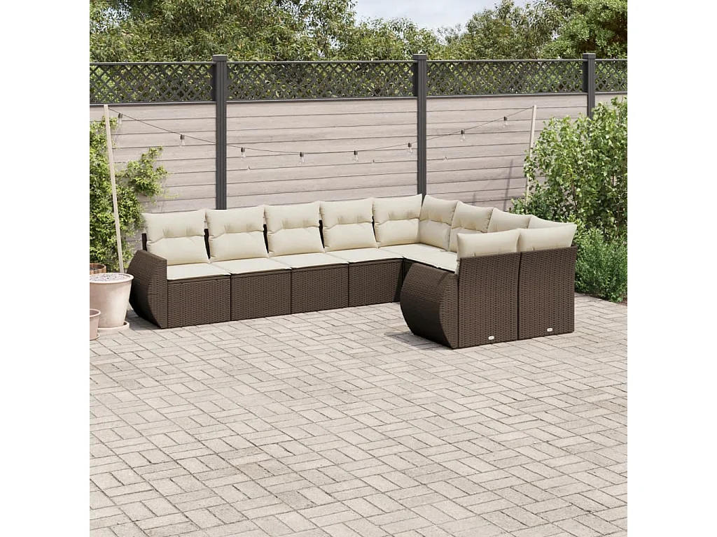 9-delige Loungeset met kussens poly rattan bruin