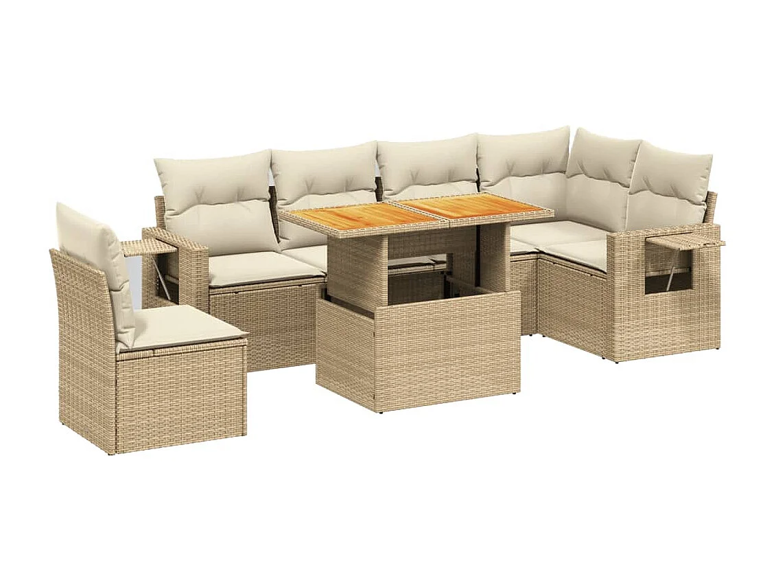 7-delige Loungeset met kussens poly rattan beige