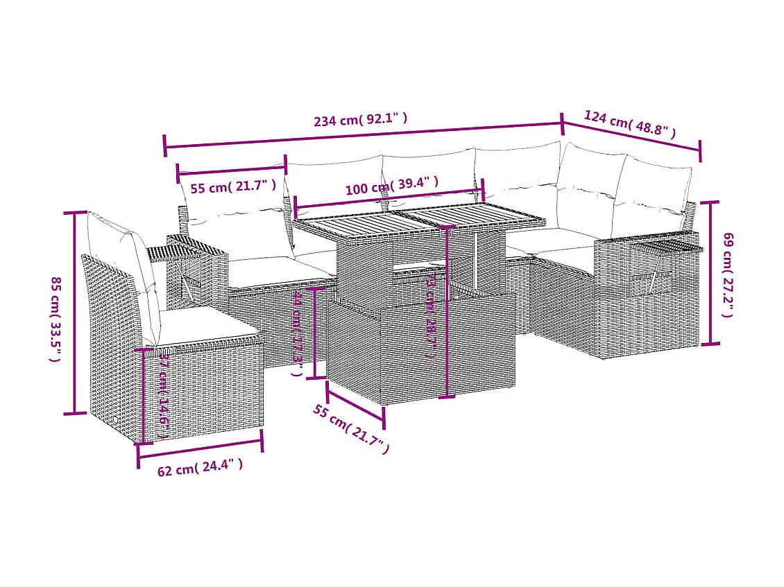 7-delige Loungeset met kussens poly rattan beige