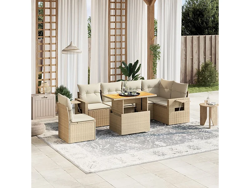 Salon de jardin avec coussins 7 pièces beige résine tressée