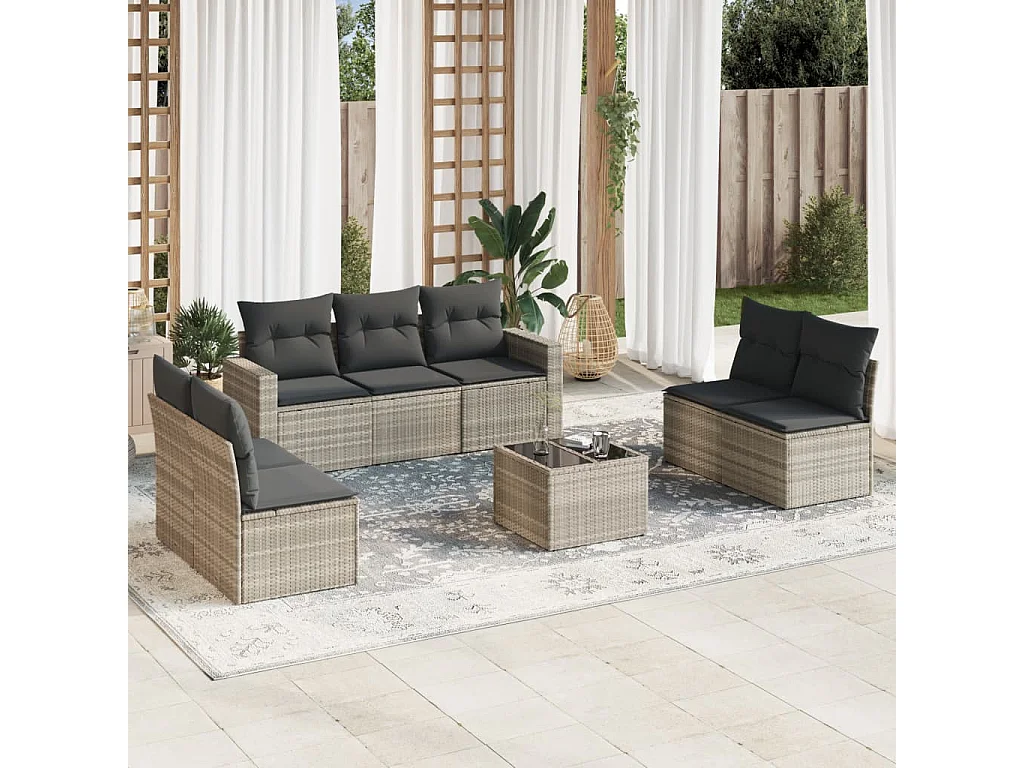 Salon de jardin 8 pièces avec coussins gris clair résine tressée