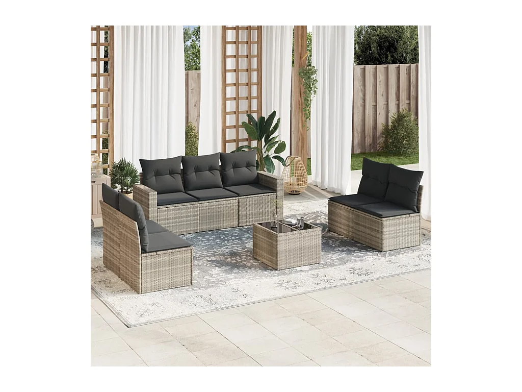 Set de sofás de jardín 8 piezas y cojines ratán sintético gris