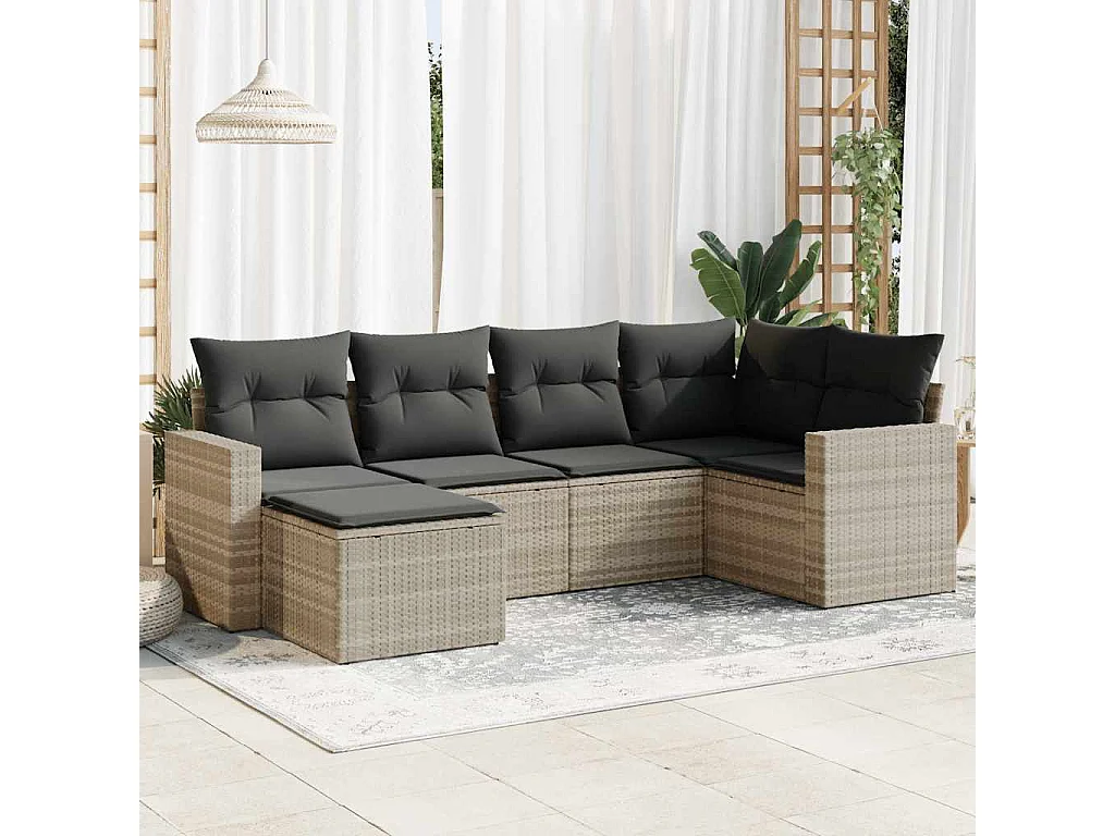 Salon de jardin 6 pièces avec coussins gris clair résine tressée