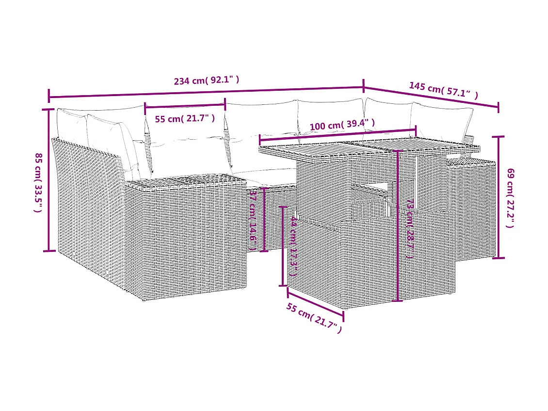 7-delige Loungeset met kussens poly rattan beige